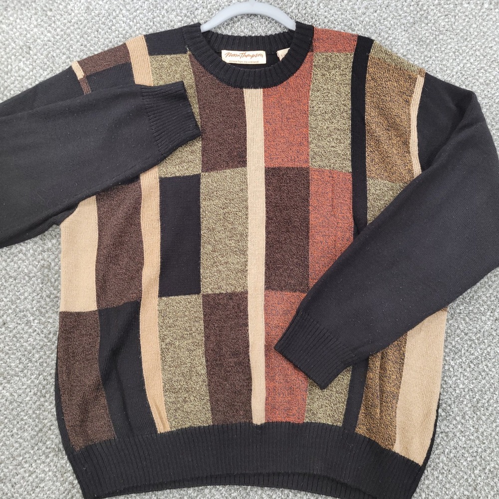 Norm Thompson Mens Large Colorblock Geometric Wool Blend Crew Neck Sweater Black
